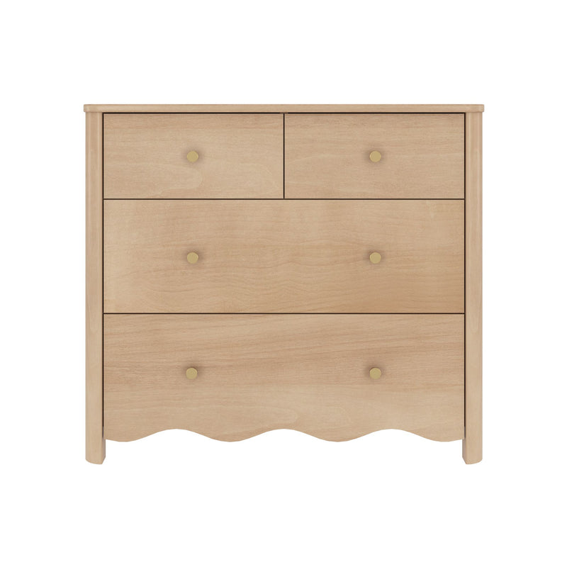 Light natural wood 4-drawer dresser with round brass knobs and scalloped apron, modern nursery chest