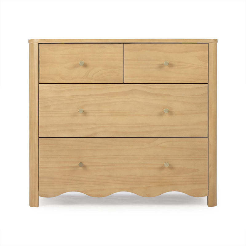 Light maple wood four-drawer dresser with round brass knobs and scalloped bottom skirt, modern bedroom chest of drawers