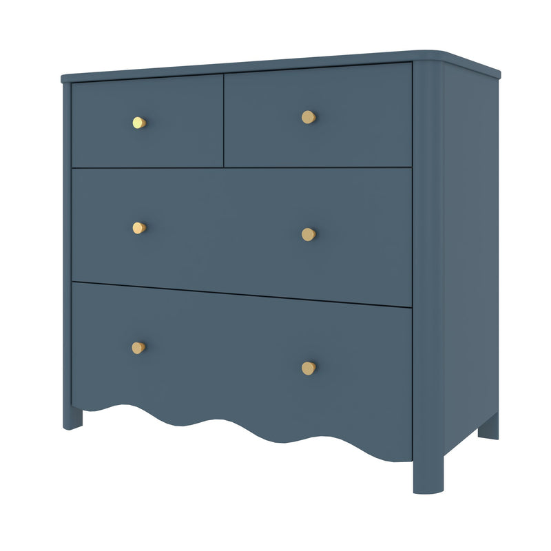 Navy blue wooden dresser chest of drawers with brass round knobs, matte finish modern bedroom storage close-up front corner view