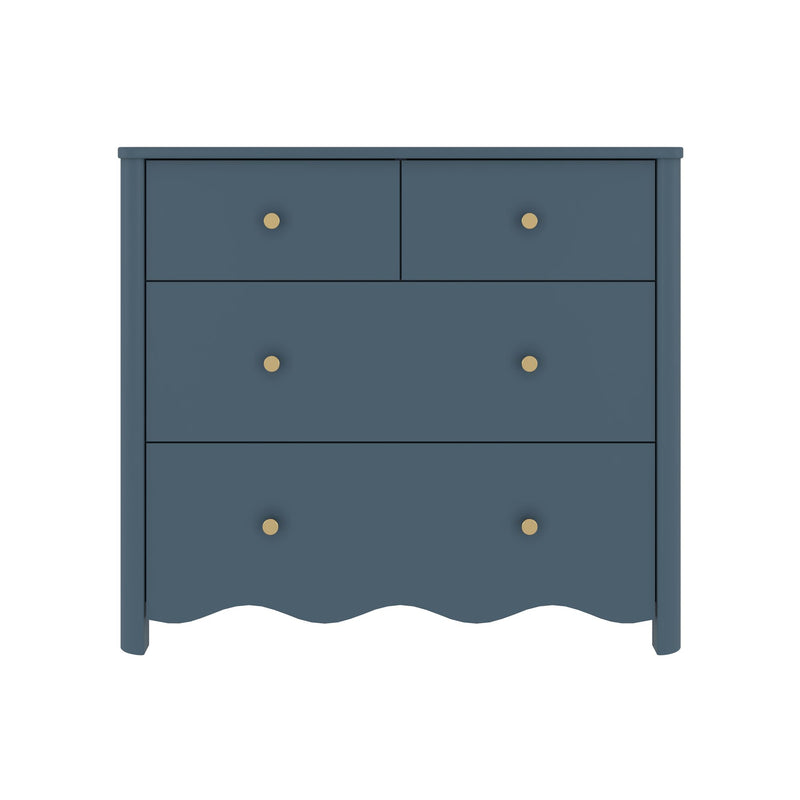 Navy blue wooden chest of drawers with round brass knobs and scalloped apron, bedroom dresser storage