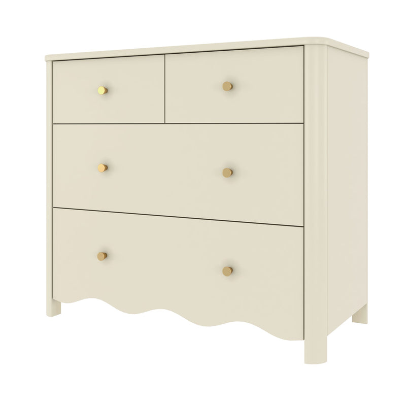 Cream painted wooden dresser with gold round knobs, modern bedroom storage chest and nursery-friendly farmhouse furniture