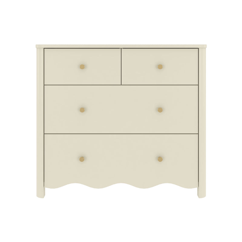 Cream painted wood four-drawer dresser with round brass knobs and scalloped skirt, beige chest of drawers for bedroom, nursery, or coastal farmhouse decor