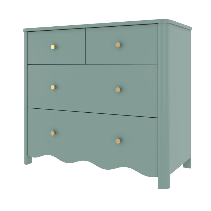 Matte teal painted wooden chest of drawers with gold round knobs — tall bedroom dresser storage, modern vintage style