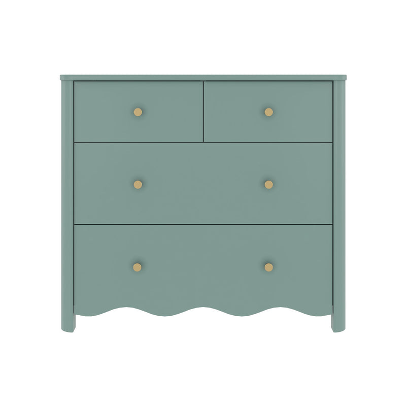 Teal painted wooden four-drawer dresser with round brass knobs, scalloped apron and tapered legs — vintage-inspired bedroom storage cabinet