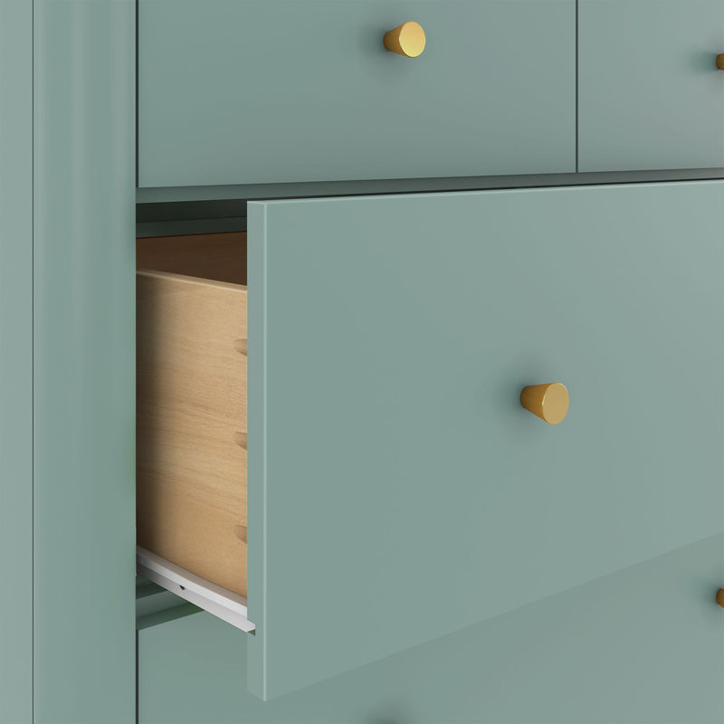 Close-up of modern teal kitchen cabinet drawers with gold cone knobs and a partially open wooden drawer interior, minimalist cabinetry detail