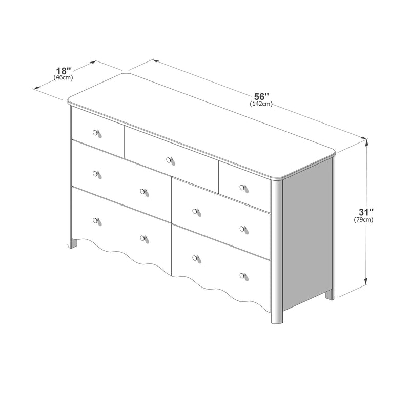 Line-art technical drawing of a six-drawer dresser with knob pulls and rounded top, dimensions 56 in (142 cm) × 18 in (46 cm) × 31 in (79 cm)