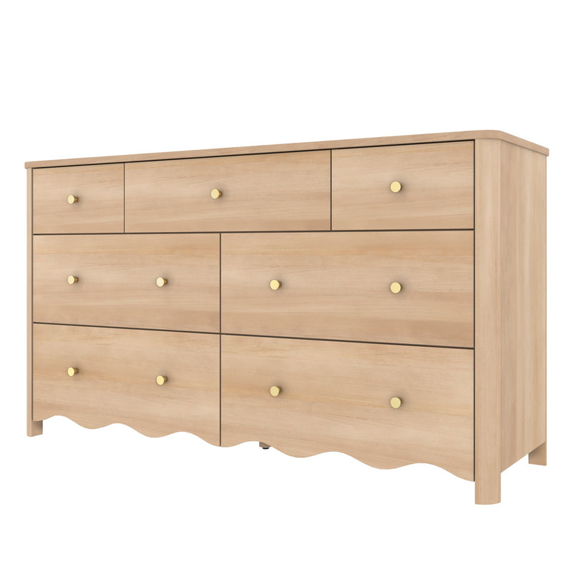 Light natural wood bedroom dresser with multiple drawers, round brass knobs and scalloped apron base — modern farmhouse storage chest