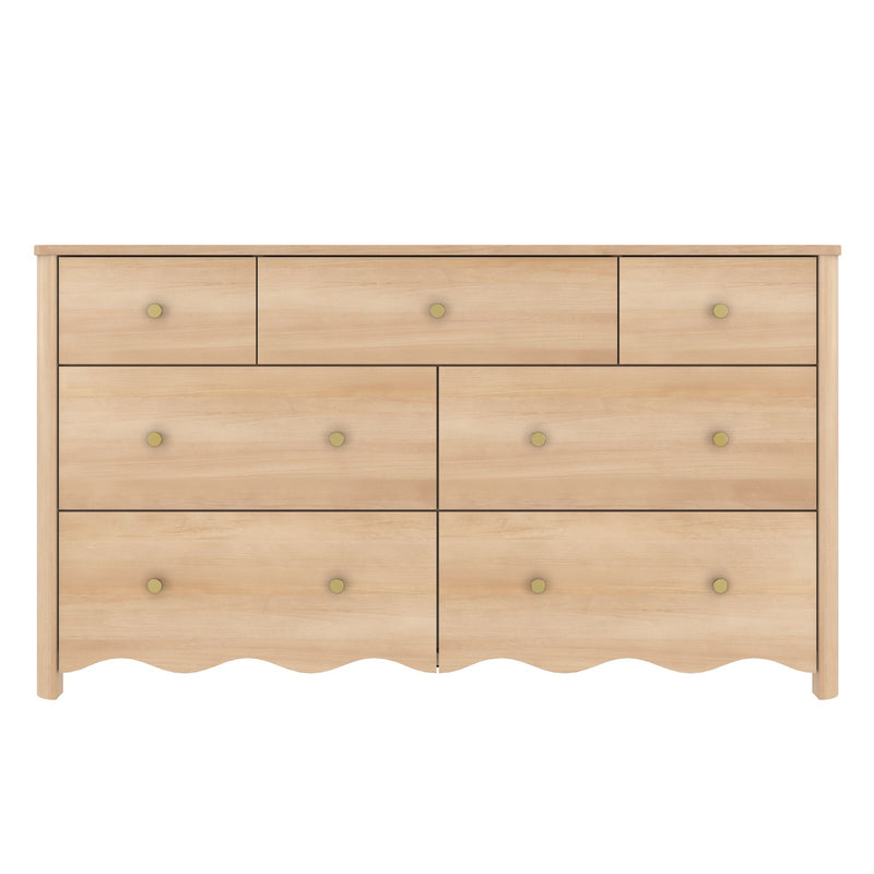 Light wood 7-drawer dresser with round brass knobs and scalloped bottom edge, modern farmhouse bedroom storage furniture