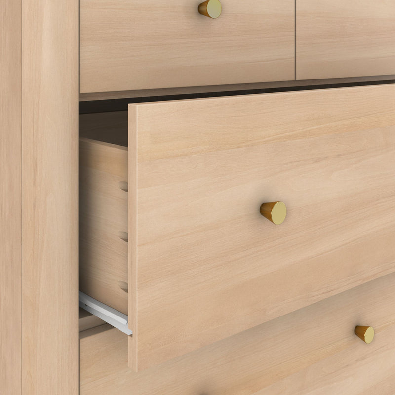 Modern light wood bedroom dresser with a partially open drawer and round brass knobs, minimalist chest of drawers for storage