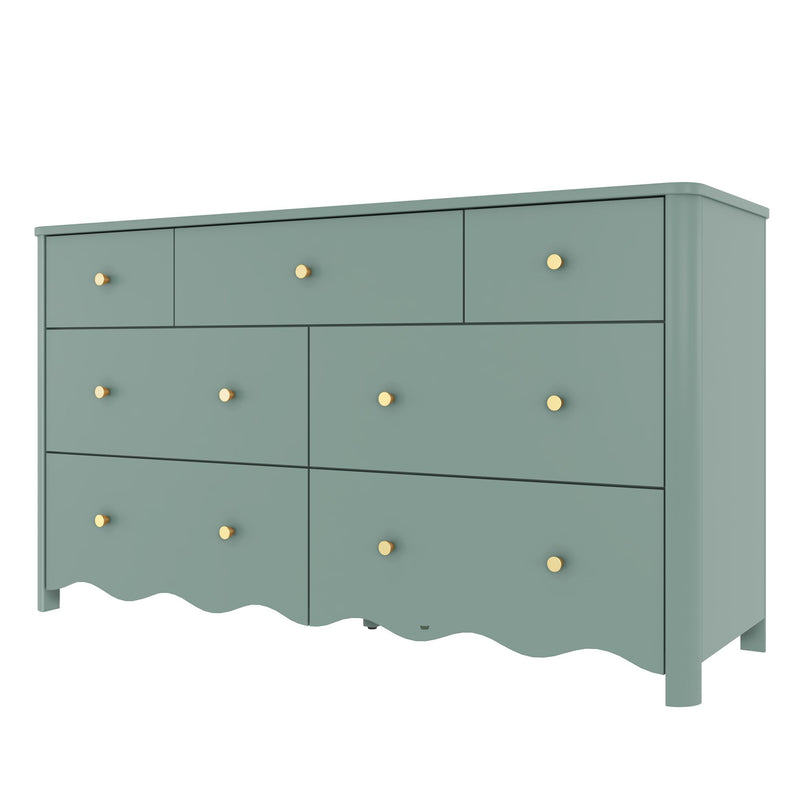 Seafoam green painted wood dresser with gold knobs, scalloped skirt and multiple drawers for modern farmhouse bedroom storage