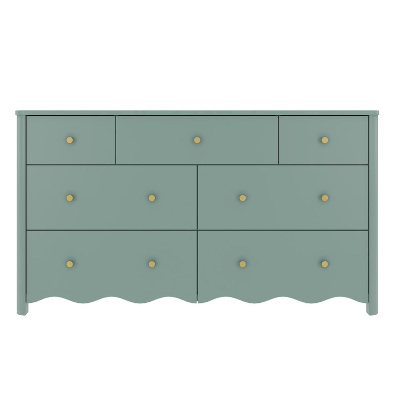 Teal wooden bedroom dresser with brass round knobs, scalloped bottom apron and multiple storage drawers, vintage-style chest of drawers