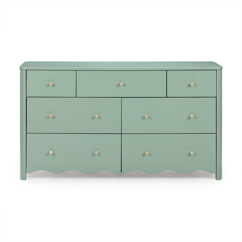 Mint green painted wooden dresser with round brass knobs and scalloped bottom trim, modern bedroom storage chest