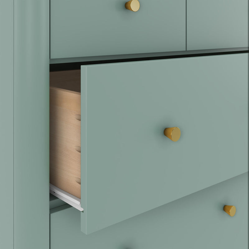 Sage green modern dresser with gold knobs and a partially open drawer revealing wooden interior, mint green bedroom storage chest