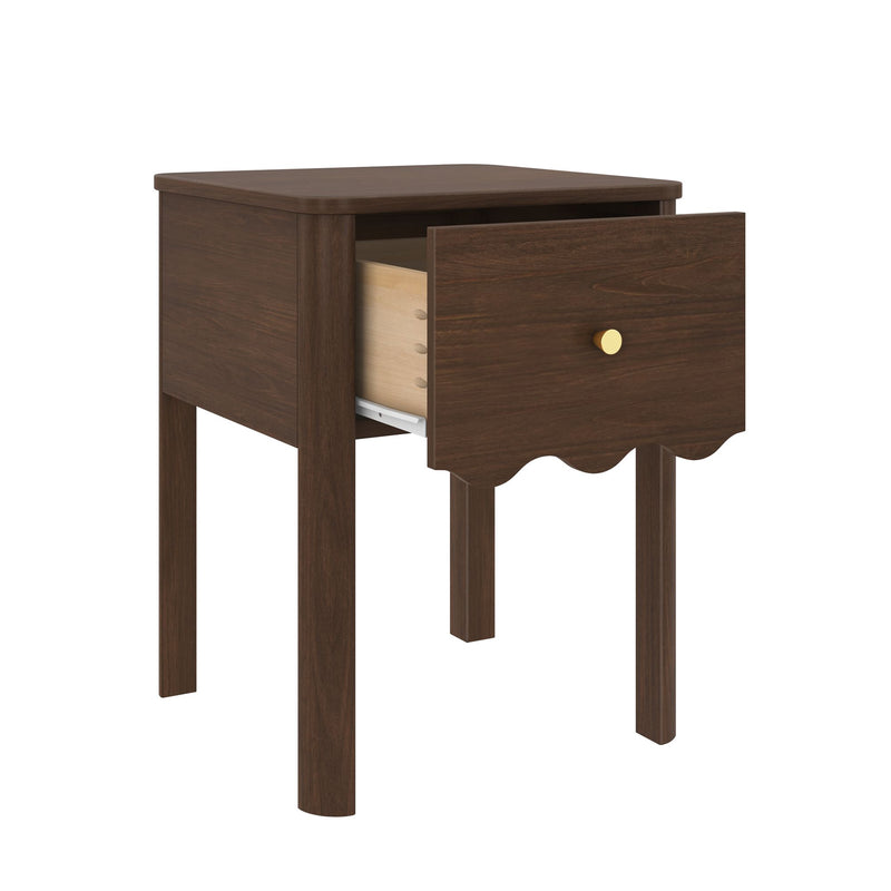 Dark walnut wooden nightstand with single scalloped drawer, gold knob and slim legs — modern farmhouse bedside table