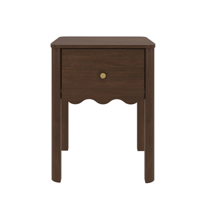 Dark walnut wooden nightstand bedside table with single drawer, brass knob, scalloped apron and four legs