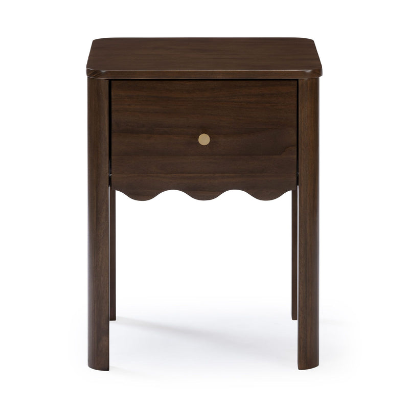 Dark walnut wooden nightstand with single drawer and brass knob, scalloped apron and rounded legs on white background