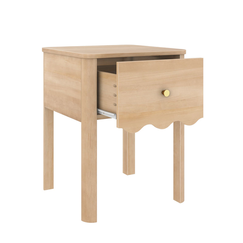 Light wood bedside table nightstand with single open drawer, scalloped apron and gold knob, modern farmhouse style
