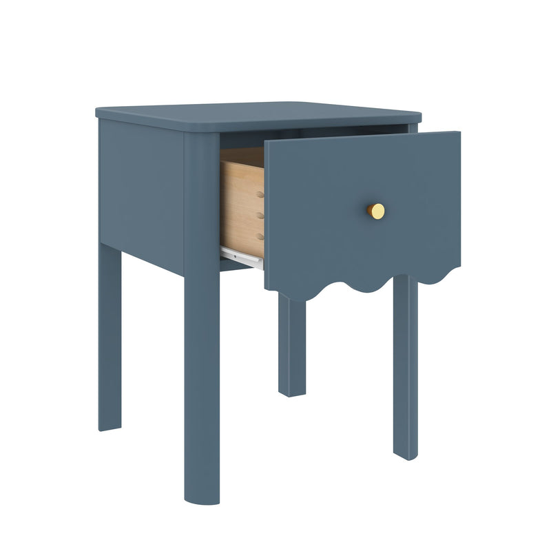 Blue bedside nightstand with open wooden drawer, scalloped front panel, brass knob and slim legs — small modern bedroom storage