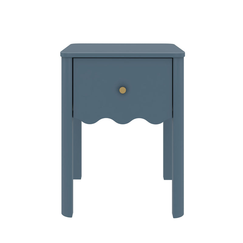 Blue painted wooden bedside table nightstand with one drawer, scalloped apron and brass knob — compact modern farmhouse accent table