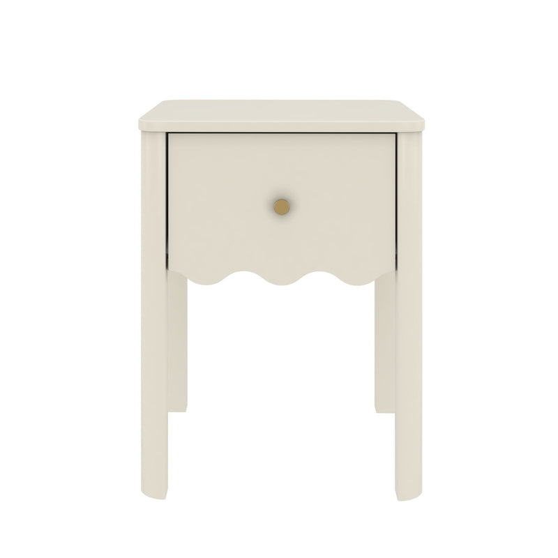 Cream wooden bedside table nightstand with scalloped apron, single drawer and brass knob - small modern farmhouse bedroom accent