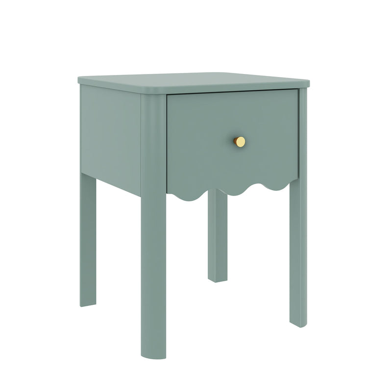 Mint green wooden bedside table nightstand with single drawer and gold round knob, scalloped apron detail and tall tapered legs