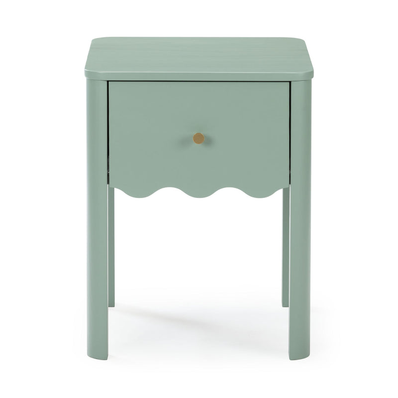 Mint green painted wooden bedside table with single drawer, round brass knob and scalloped apron — small accent nightstand