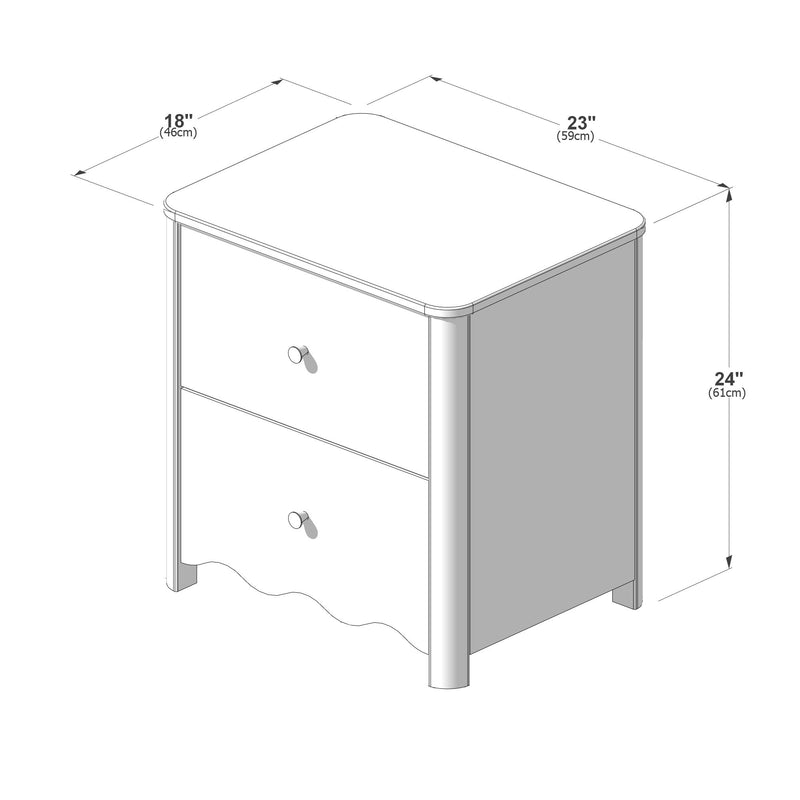 Two-drawer bedside table (nightstand) dimension diagram — 23" W × 18" D × 24" H (59 × 46 × 61 cm), rounded corners, scalloped skirt and round knobs