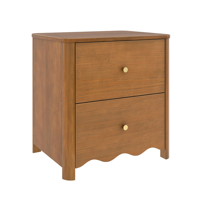 Warm walnut-tone 2-drawer wooden nightstand bedside table with brass knobs and scalloped apron, mid-century modern bedroom storage