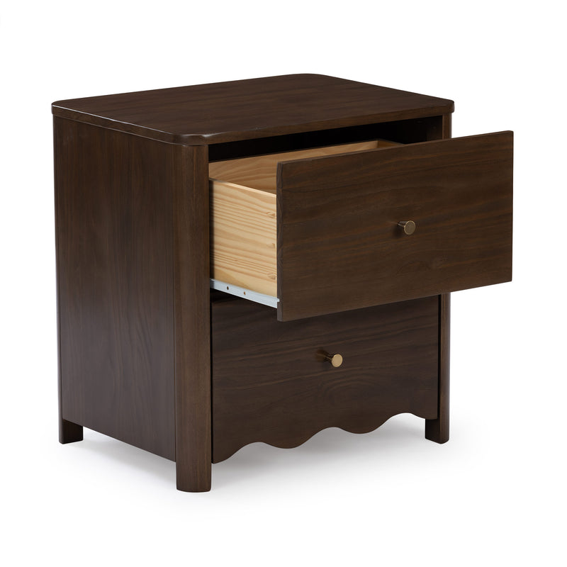 Dark walnut bedside table nightstand with open drawer, brass knob, scalloped apron and tapered legs