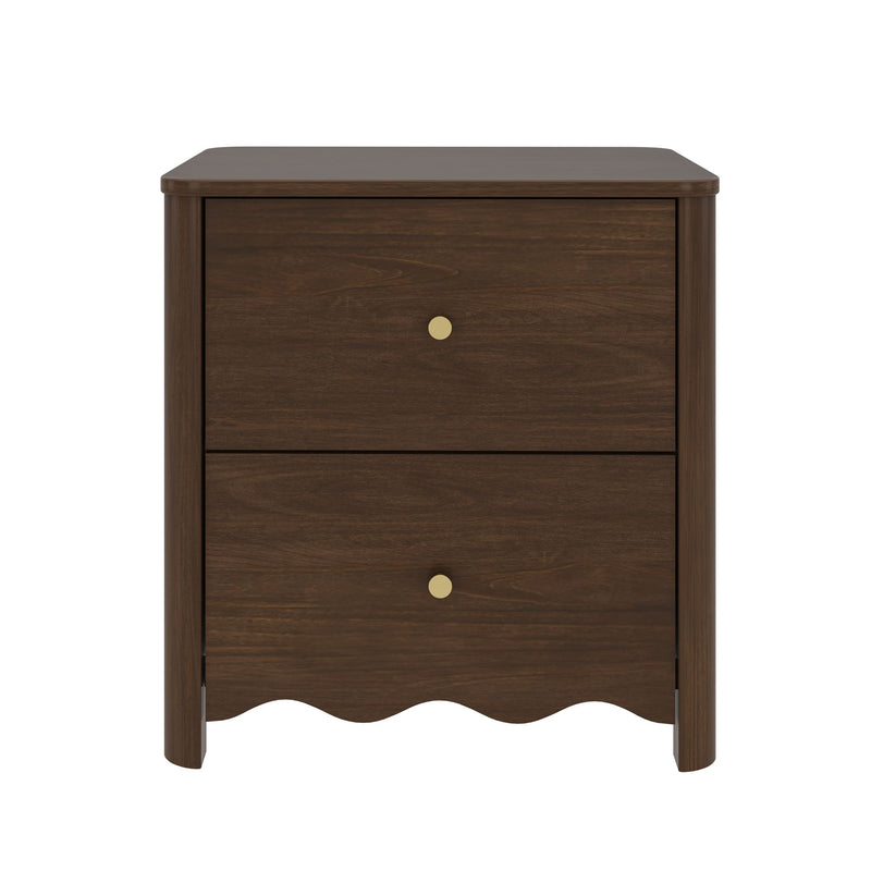 Dark walnut 2-drawer nightstand bedside table with brass knobs and scalloped apron, bedroom storage in modern farmhouse style