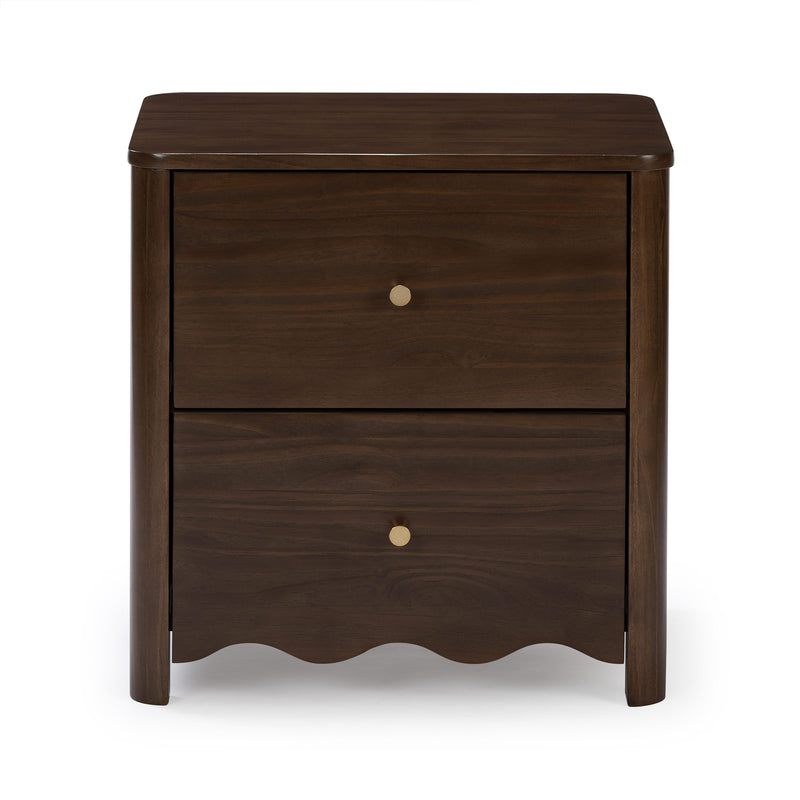 Dark walnut bedside nightstand with round brass knobs, scalloped apron, curved legs and smooth wood finish