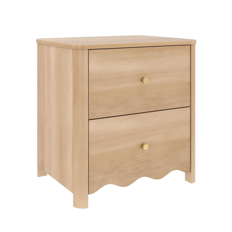 Oak-finish two-drawer nightstand bedside table with gold-tone knobs and scalloped base, minimalist bedroom storage