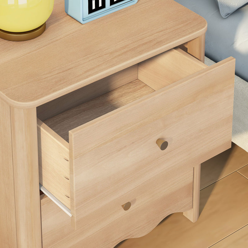 Light wood bedside table with open drawer — modern wooden nightstand for bedroom with lamp and alarm clock, maple finish, minimalist design