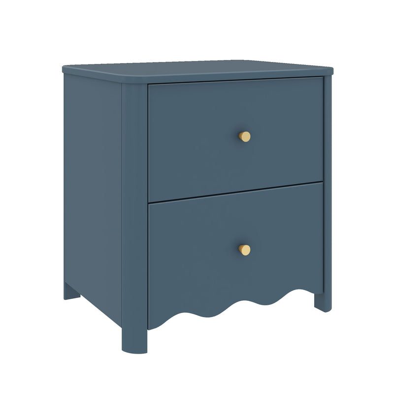 Blue two-drawer bedside nightstand with scalloped bottom and gold knobs, modern coastal-style wooden bedside table for bedroom storage