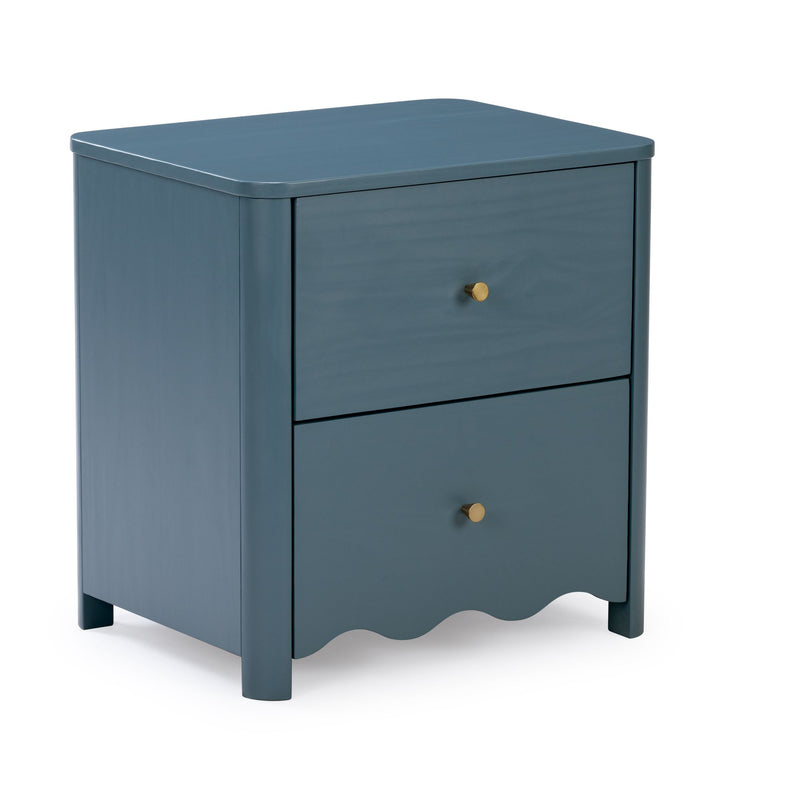 Blue wooden nightstand two-drawer bedside table with brass knobs, scalloped skirt and tapered legs, modern coastal bedroom storage