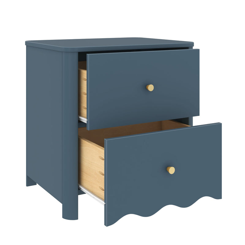 Blue two-drawer nightstand bedside table with scalloped bottom drawer, round brass knobs and natural wood drawer interiors, modern bedroom storage accent on white background