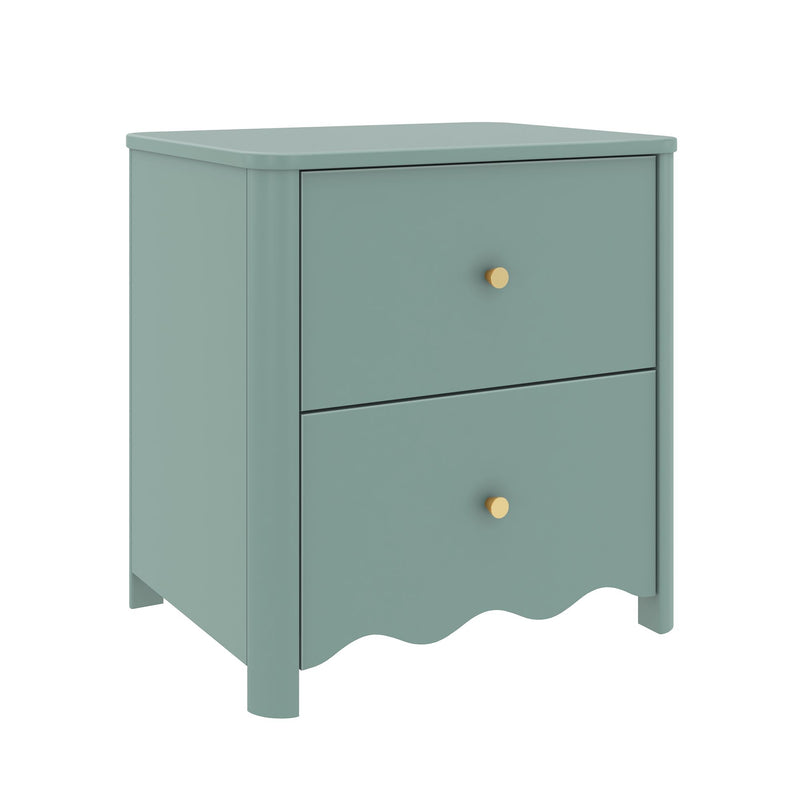 Teal two-drawer nightstand with gold knobs and scalloped apron, modern small bedside table for bedroom, isolated on white background
