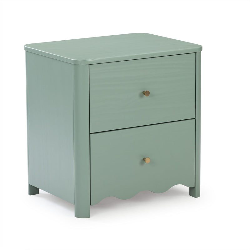 Mint green painted wooden nightstand bedside table with storage drawers, brass knobs and scalloped base — modern bedroom furniture