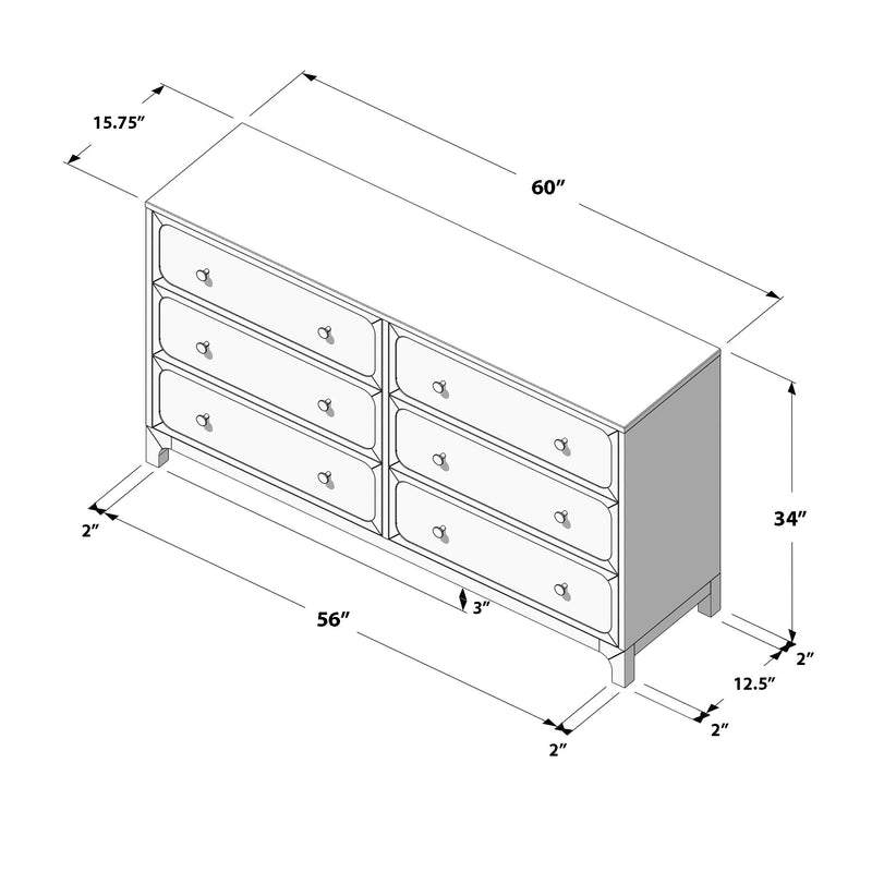 Isometric line drawing of a six-drawer dresser with annotated dimensions — 60" top length, 56" front width, 15.75" depth, 34" height, bedroom dresser dimensions diagram