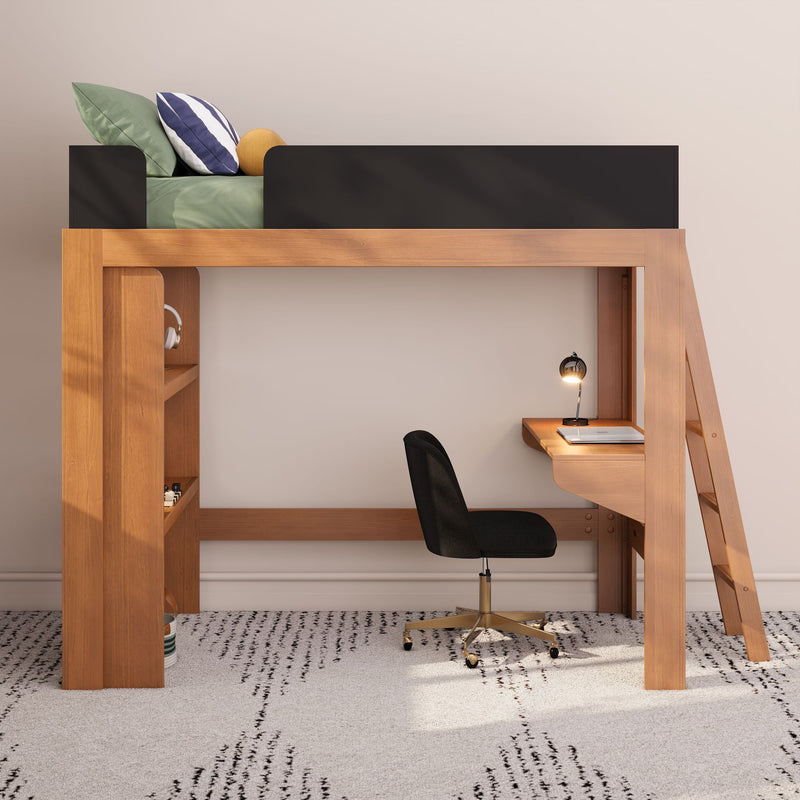 Wooden loft bed with built-in desk and ladder, modern kids bedroom study nook with black swivel chair, desk lamp and shelving