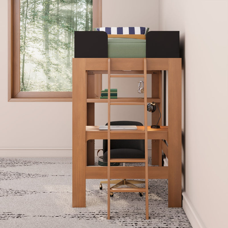 Wooden loft bed with built-in desk and ladder in modern bedroom study nook with chair, desk lamp, books and forest window view