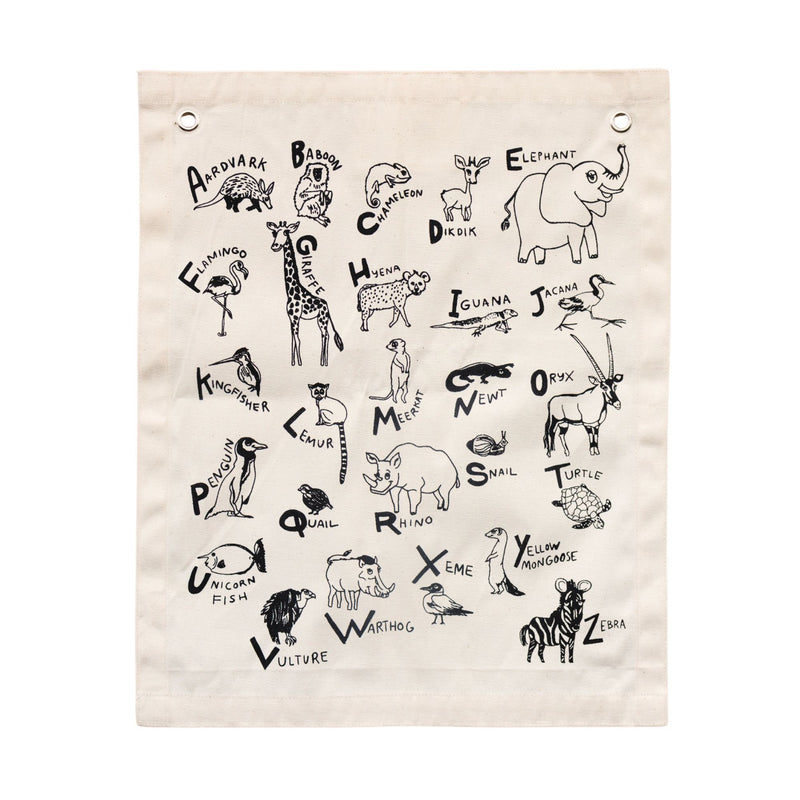 Alphabetical animal illustrations on canvas, featuring aardvark, baboon, chameleon, elephant, giraffe, flamingo, and more for educational decor.