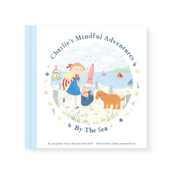 Children's book cover for "Charlie's Mindful Adventures By The Sea" featuring a girl, a dog, and a seaside scene with boats and a lighthouse.