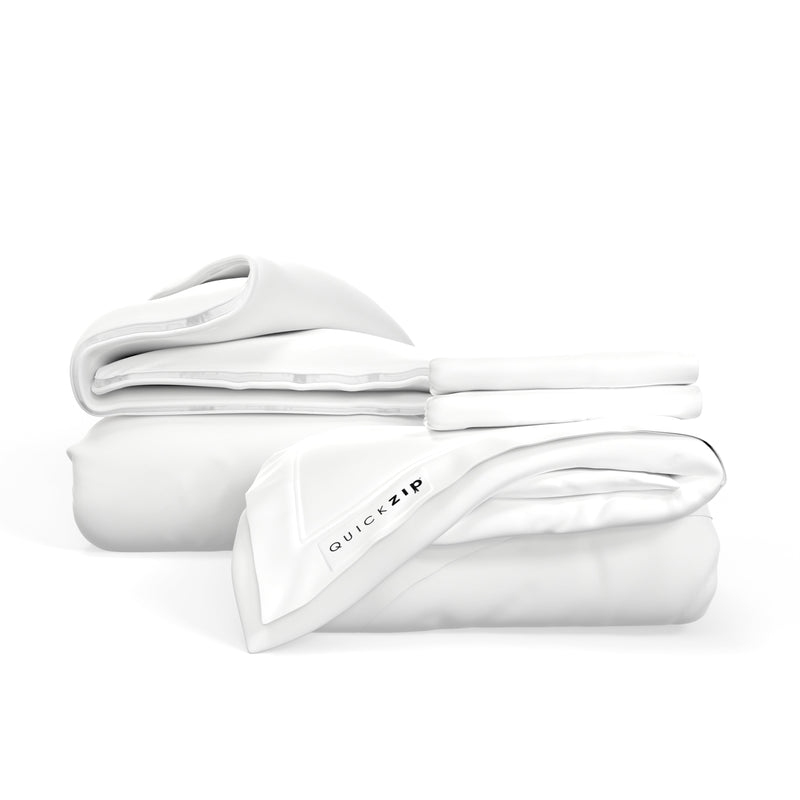 White QuickZip bedding set with zipper detail, offering easy-to-change, high-quality bed linens for a comfortable sleep experience.