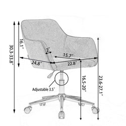 Adjustable office chair with dimensions showing seat height, depth, and width, ideal for ergonomic workspace setup.