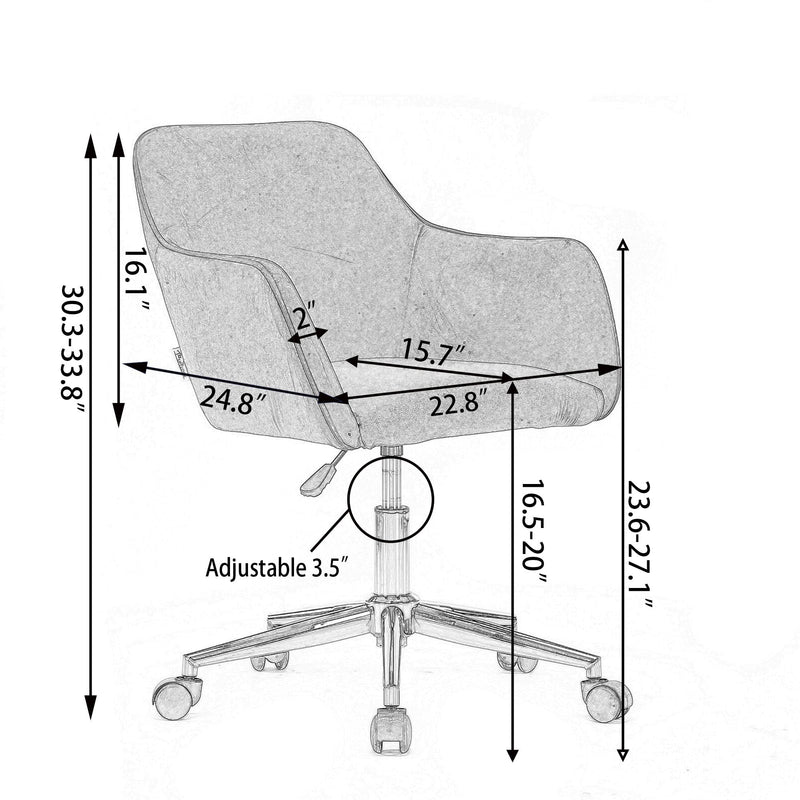 Adjustable office chair with dimensions showing seat height, depth, and width, ideal for ergonomic workspace setup.