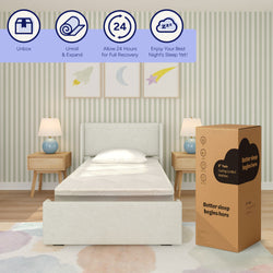 Twin bed setup with cooling comfort mattress in modern bedroom, featuring unboxing and expansion instructions for a restful sleep experience.
