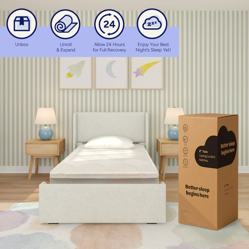 8-inch cooling comfort twin mattress in a box beside an unboxed twin mattress on an upholstered bed in a pastel-striped children's bedroom with wooden nightstands and lamps