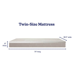 Twin-size mattress with dimensions 75 inches long, 38.5 inches wide, and 8 inches thick.