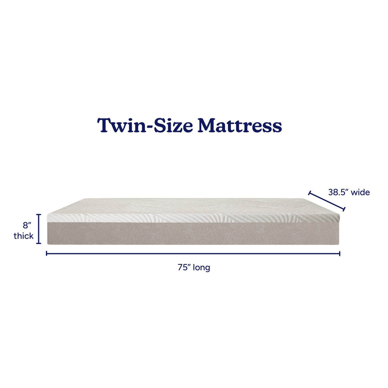 Twin-size mattress dimensions: 75 in long x 38.5 in wide x 8 in thick, low-profile mattress on white background